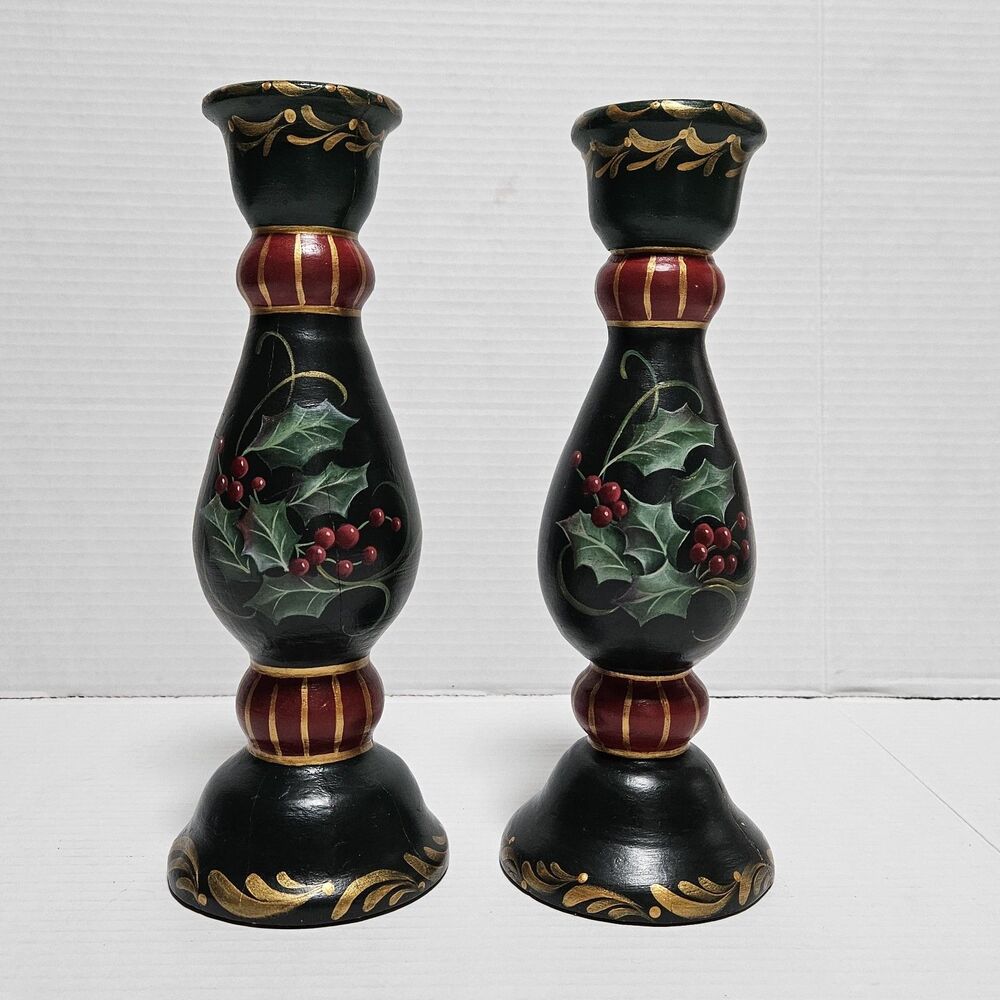 Pair Of Vintage Hand painted Candle Holders Wood Folk Art
